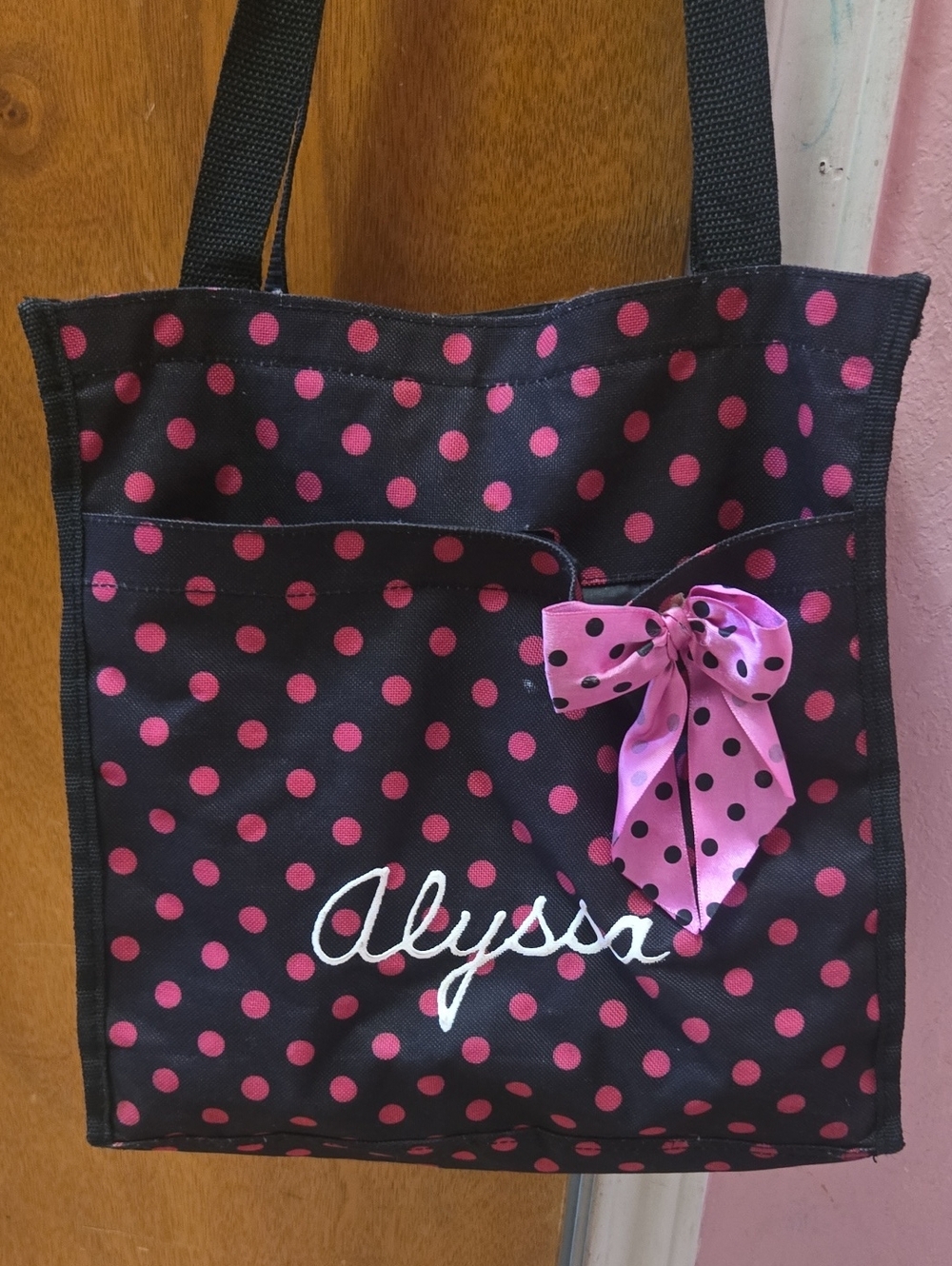 Black and Pink Polka Dot Tote Bag with Bow Accent